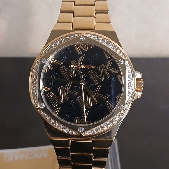 Michael Kors Gold Watch with Black and Crystal Accents - Picture 1 of 8